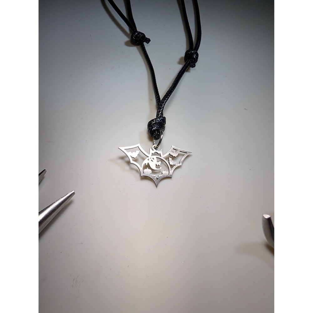 Silver Bat Wing Ghost Pumpkin Halloween Adjustable Black Cord Necklace Goth Emo